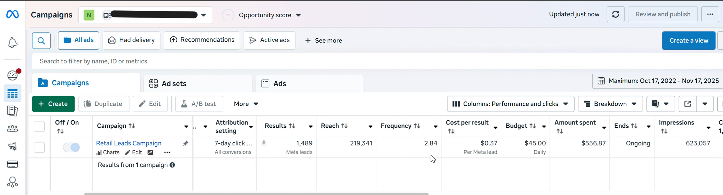 Meta Ads Manager, Retail Leads Campaign: $0.37 per lead, $556.87 total spend